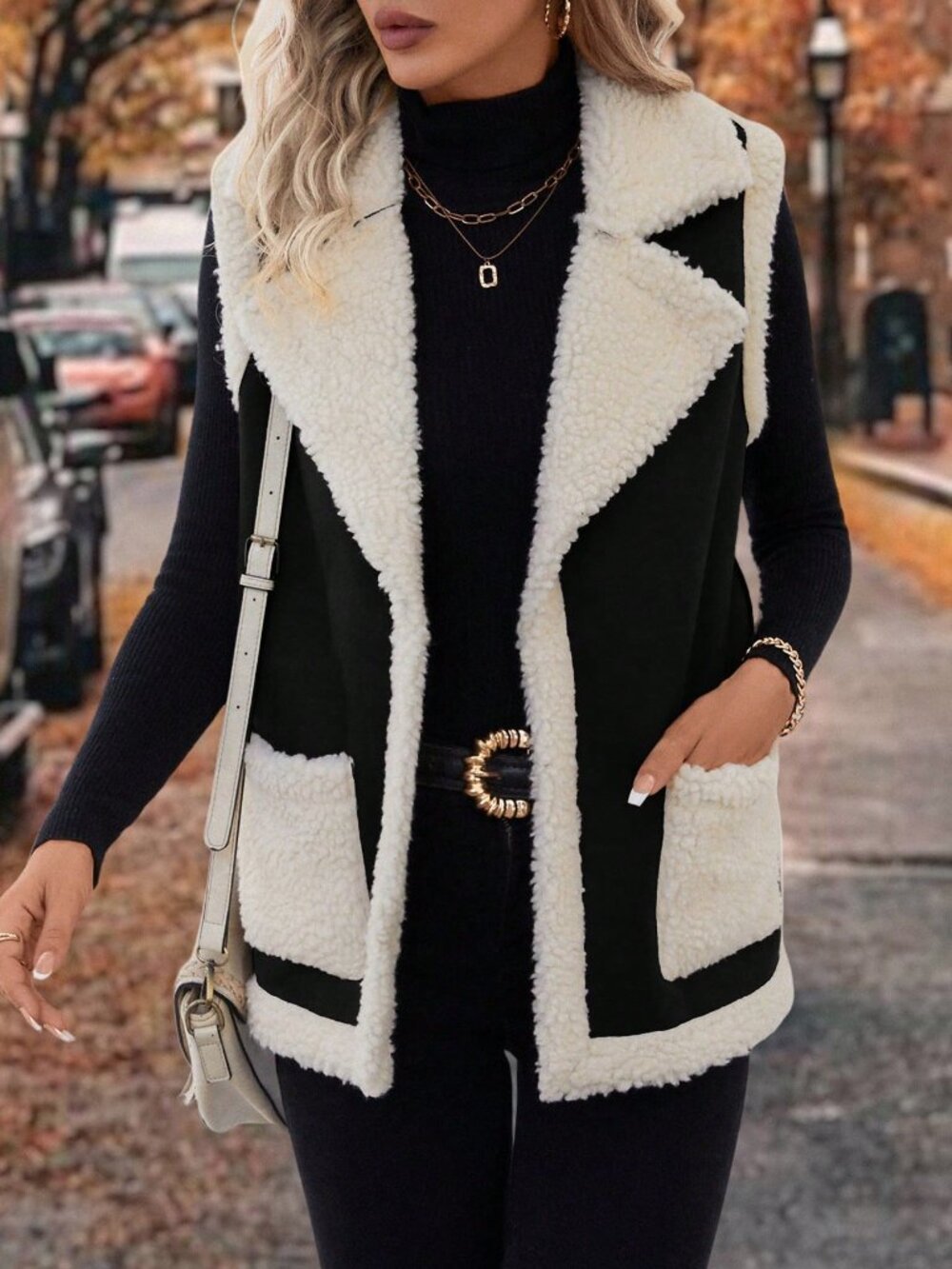 Black Casual Women's Shearling Patchwork Pocket Vest Jacket
